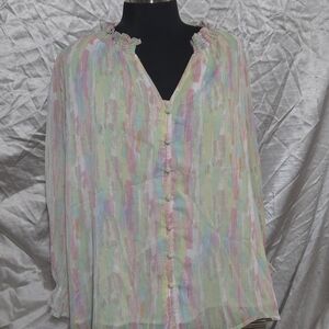 NWOT Entro Pastel Brushstroke Ruffle-Neck Button Blouse